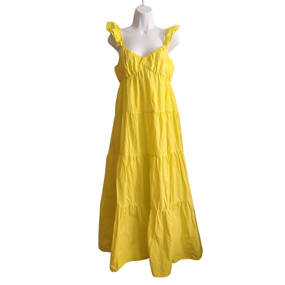 Skies Are Blue Neon Lemon/Lime Tiered Ruffle High Waist Baby Doll Dress M Cotton